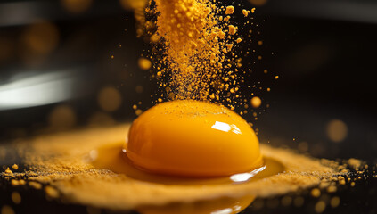Vibrant close up of egg yolk surrounded by cloud of yellow powder, creating striking visual contrast against dark background