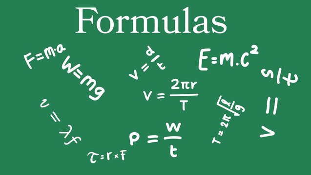 A green background with formulas written in white including physics and math equations shown