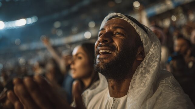 A diverse crowd cheers with excitement at a stadium event, showcasing various expressions of joy. Concept of unity in sports fandom.