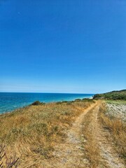 beautiful view of the sea coast. dirt road by the sea. dry steppe meets the sea distance