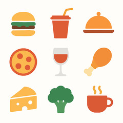 Colorful assortment of food icons including burger, pizza, wine, and healthy broccoli
