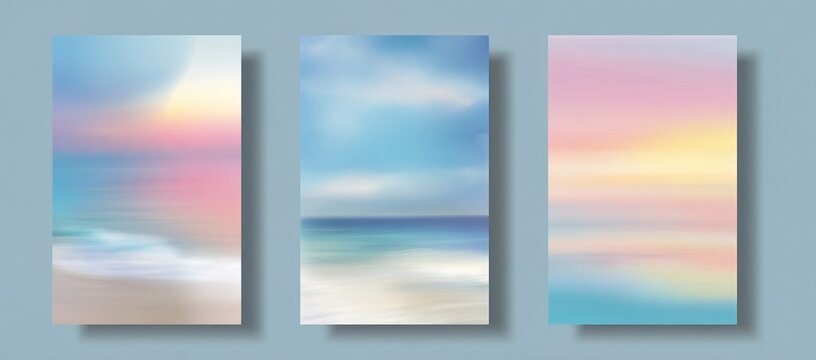 Abstract sky, nice sunny day posters set. Ocean. Sea wave. Seaside, beach. Pastel colored vertical vector banner. Blurred sea gradient background. Simple soft light backdrop for social media post
