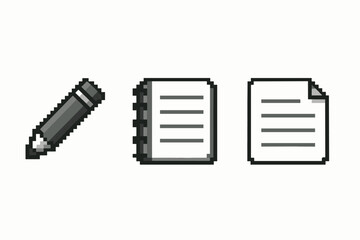 Pixel art pencil and clock with yellow line on white background vector icon isolated illustration