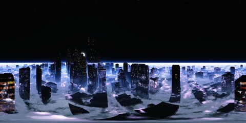 Night city, Cityscape, Environment map. HDRI map. Equirectangular projection. Spherical panorama., 3D rendering