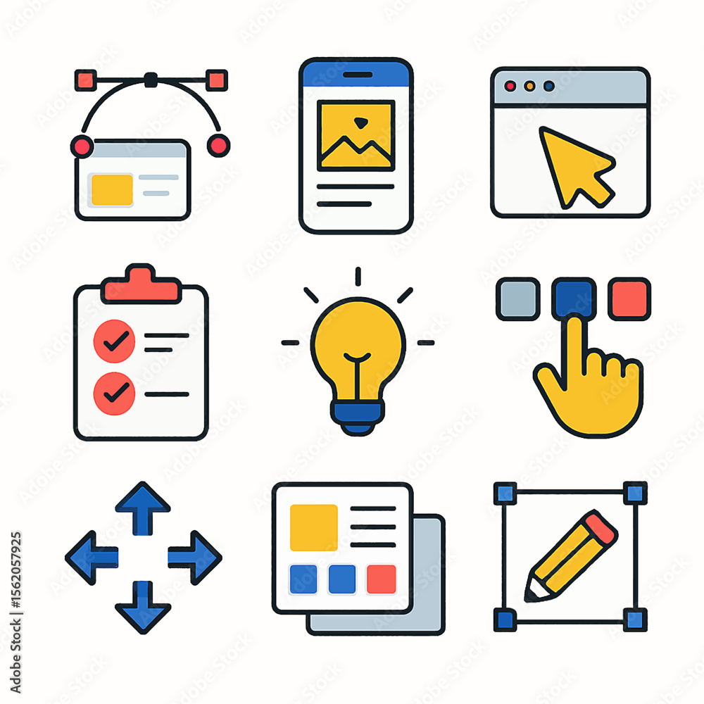 Poster colorful design process icons depicting idea generation and user interface development