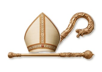 Ornate Ecclesiastical Regalia: Depiction of a Mitre and Crozier in a Detailed Perspective