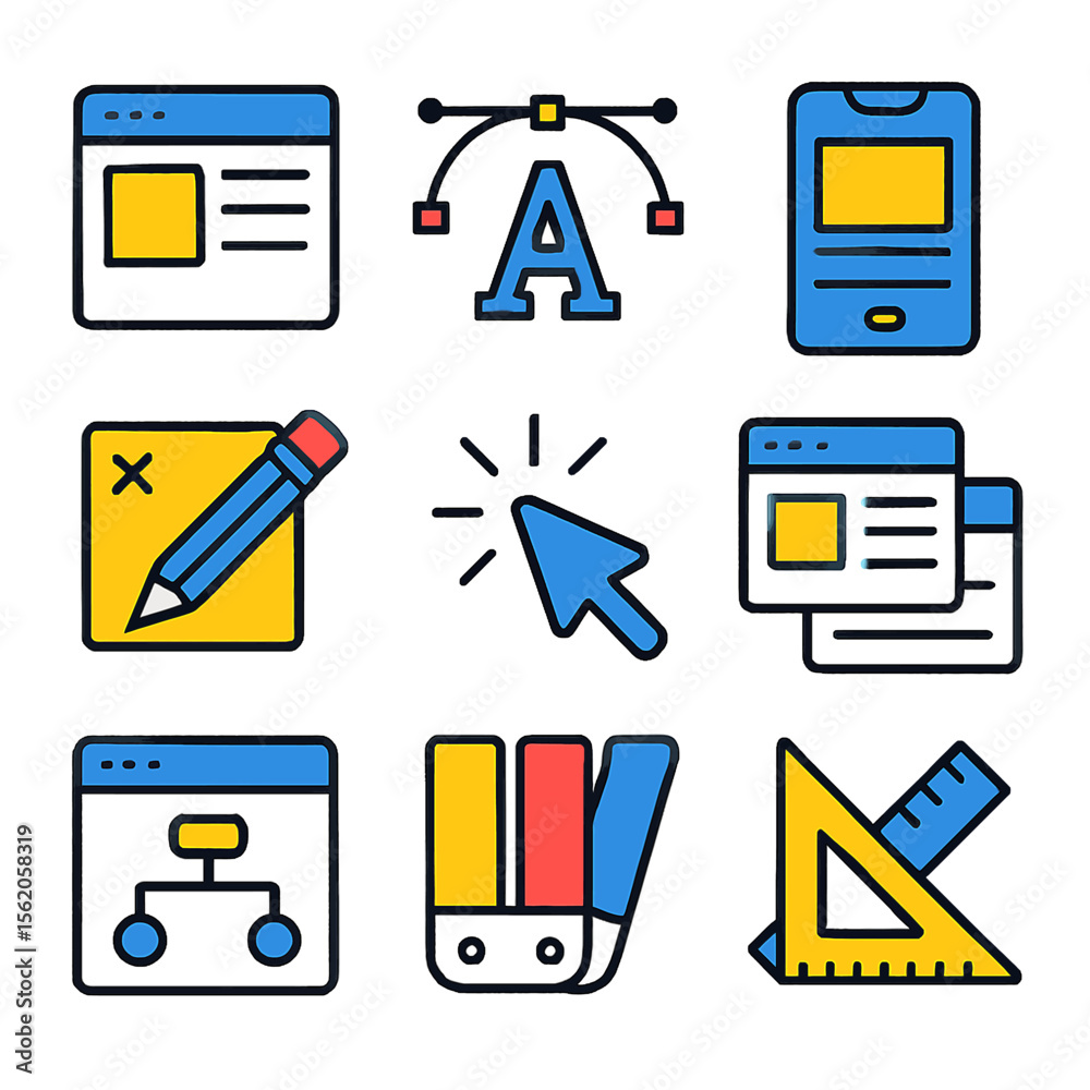 Fototapete colorful graphic design icons set featuring text tool, flowchart and mobile app interface