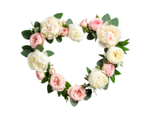 Heart-Shaped Floral Wreath with Pink Roses and Eucalyptus – Romantic PNG on Transparent Background