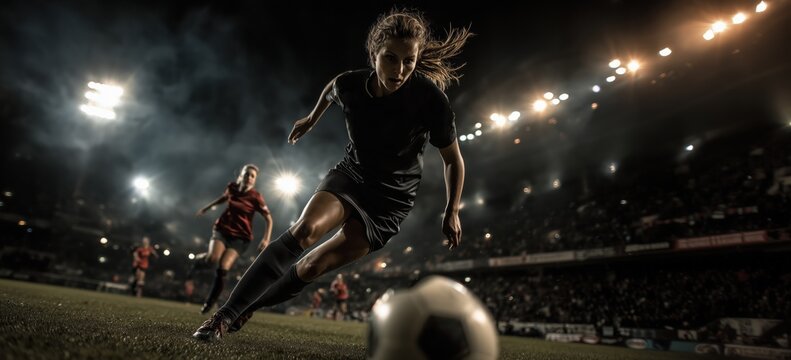 A female soccer player, under bright stadium lights at night, intensely chases a ball. Concept of determination and sportsmanship in competitive sports.
