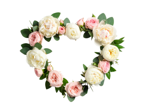 Heart-Shaped Floral Wreath with Pink Roses and Eucalyptus – Romantic PNG on Transparent Background