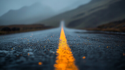 Rain-slicked road reflects mountain