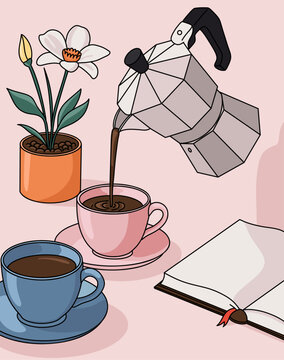 Morning Routine Breakfast for Two in a Cafe. Pouring Coffee From an Italian Coffee Maker in a Pair of Mugs With a Blank Journal Page and a Plant with Flowers