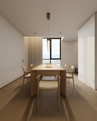 Cozy Home Kitchen Interior, Wooden Dining Table with Chairs, Warming White and Wooden Cabinet, Cooking Space, Furniture, Eating Table, Modern Apartment, 3D Rendering, Dining Zone