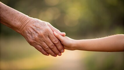 A tender moment of an elderly hand holding a child's hand, symbolizing connection and love across generations.