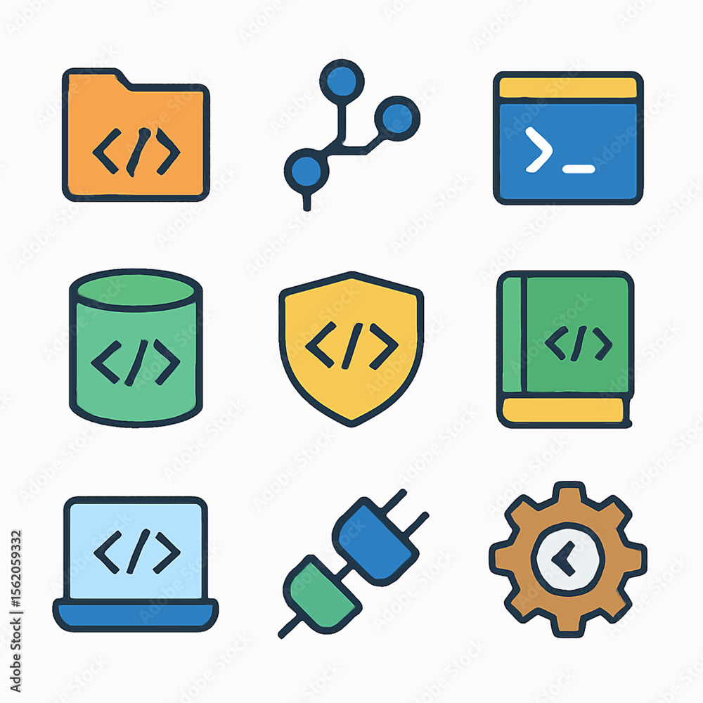 Poster Colorful programming and development icons depicting coding, database, and settings