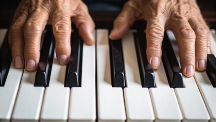 Fototapeta premium Close-up of aged hands playing piano keys, highlighting the texture and emotion in music creation.