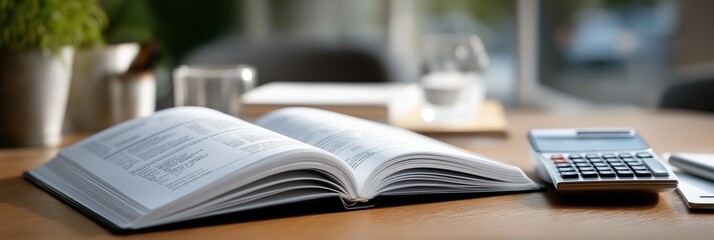 Open accounting book on wooden desk next to calculator and coffee mug in bright office