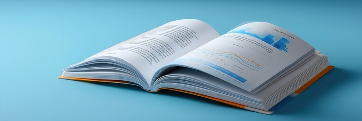 Open business book with graphs and charts on blue background