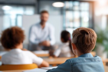 Classroom learning with attentive children and male teacher in focus
