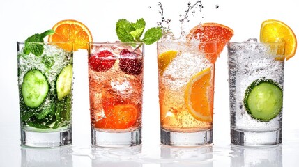 Four glasses of different colored drinks with ice cubes and fruit slices, placed on a white background.