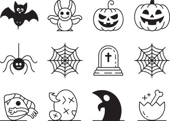 Whimsical Halloween Icons A Collection of Spooky and Fun Illustrations for the Holiday Season in Simple Black and White