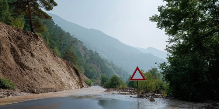 Mountainous landslide warning with flooded road in forested area