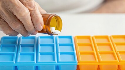 A person pours pills from a bottle into a colorful pill organizer, emphasizing medication management and health routine.