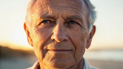Close-up portrait of an older man with a thoughtful expression, featuring wrinkles and a serene background.
