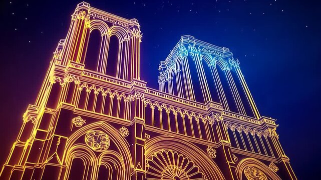 Notre Dame illuminated with digital lines