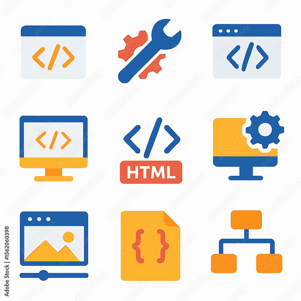 Poster Colorful vector icons representing programming languages and website development tools