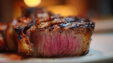 Juicy medium-rare ribeye steak, perfectly grilled. A celebration of rich flavors and culinary mastery.