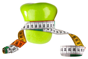 Dieting symbol of green apple with measuring tape isolated on transparent background