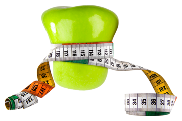 Dieting symbol of green apple with measuring tape isolated on transparent background