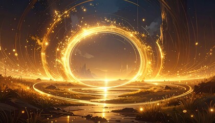 Golden Magical Ring Landscape Fantasy Art.