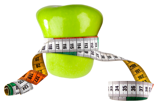 Dieting symbol of green apple with measuring tape isolated on transparent background