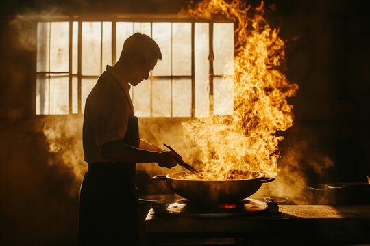 Chef preparing a fiery stir-fry in a dimly lit kitchen with dramatic lighting and steam at dusk