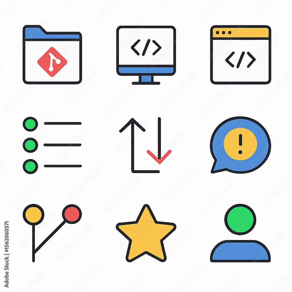 Poster colorful vector icons representing various software development and project management tools