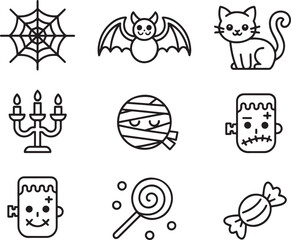 Halloween Icons Spooky and Sweet Illustrations of Festive Elements for Halloween Decorations and Celebrations with Black and White Line Art