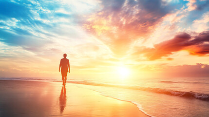 Silhouette of a person walking along a peaceful beach at sunset, with vibrant sky and calm waves, perfect for lifestyle or travel photography.