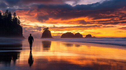 Silhouette of a person walking along a peaceful beach at sunset, with vibrant sky and calm waves, perfect for lifestyle or travel photography.