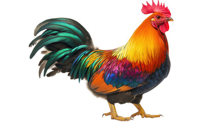 Fototapeta premium Chicken with multicolored feathers, full-body side view Transparent background, PNG