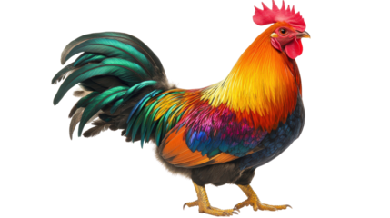 Chicken with multicolored feathers, full-body side view Transparent background, PNG