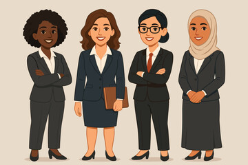 Successful team of diverse businesswomen. Multi-ethnic group of professional female characters in suits. Concept of corporate leadership, teamwork, inclusion, and women empowerment.