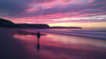 Silhouette of a person walking along a peaceful beach at sunset, with vibrant sky and calm waves, perfect for lifestyle or travel photography.