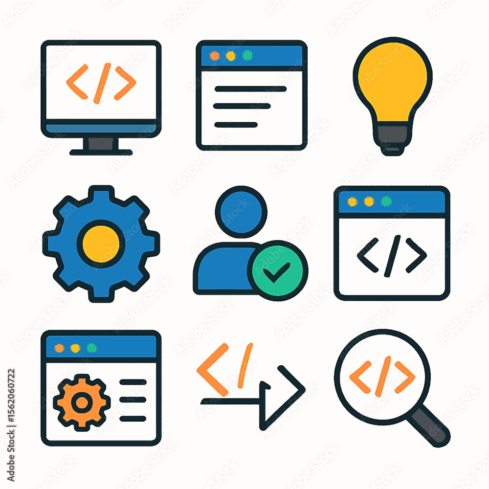 Poster Colorful vector icons set illustrating coding, development, and programming concepts