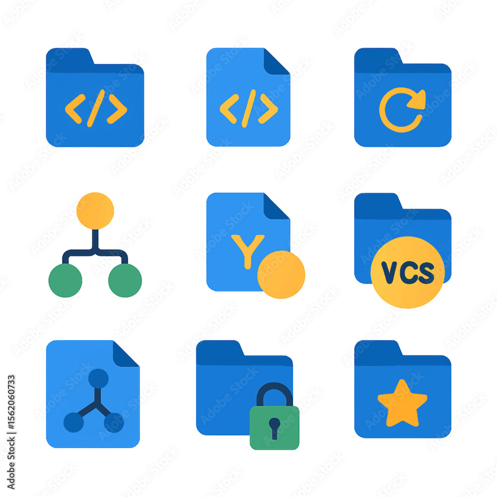 Fototapete colorful vector icons set depicting software development and version control concepts