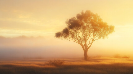 Solitary Acacia Tree in a Misty Savanna Landscape at Sunrise, Soft Golden Light Illuminating the Scene.