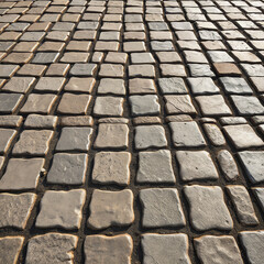 Rustic square cobblestones in tan and gray tones forming neat grid