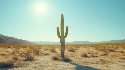 Solitary Cactus in a Vast, Minimalist Desert Landscape Bathed in Bright Sunlight, Highlighting the Arid Environment.