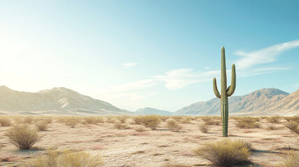 Solitary Cactus in a Vast, Minimalist Desert Landscape Bathed in Bright Sunlight, Highlighting the Arid Environment.